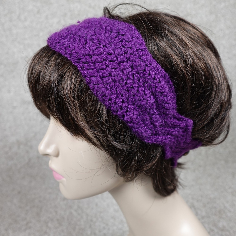 Purple Crochet Ear Warmer Fleur De Lis Button Headband Chevron‎ Wave Accessory